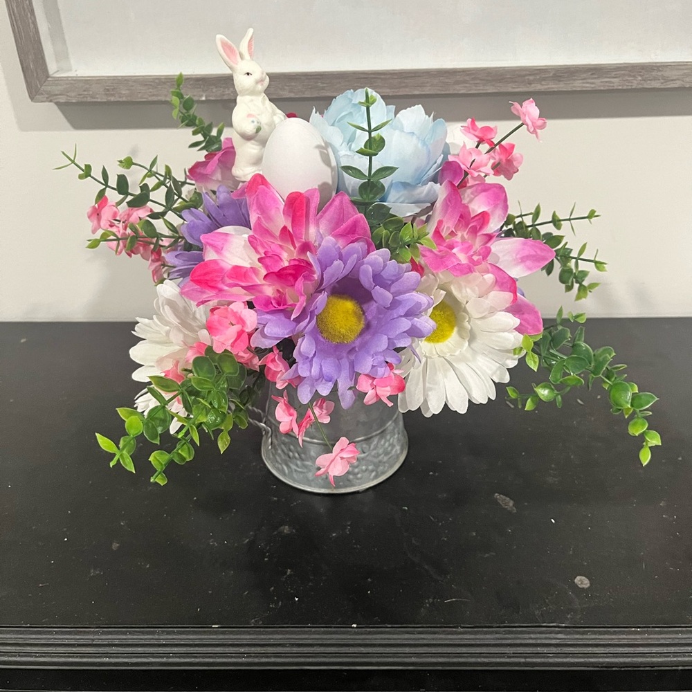 Floral Arrangement In a Metal watering can with Bunny Figurine